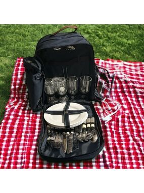 Red Envelope Wine and Snack Picnic Backpack Service for 4 in Navy Blue